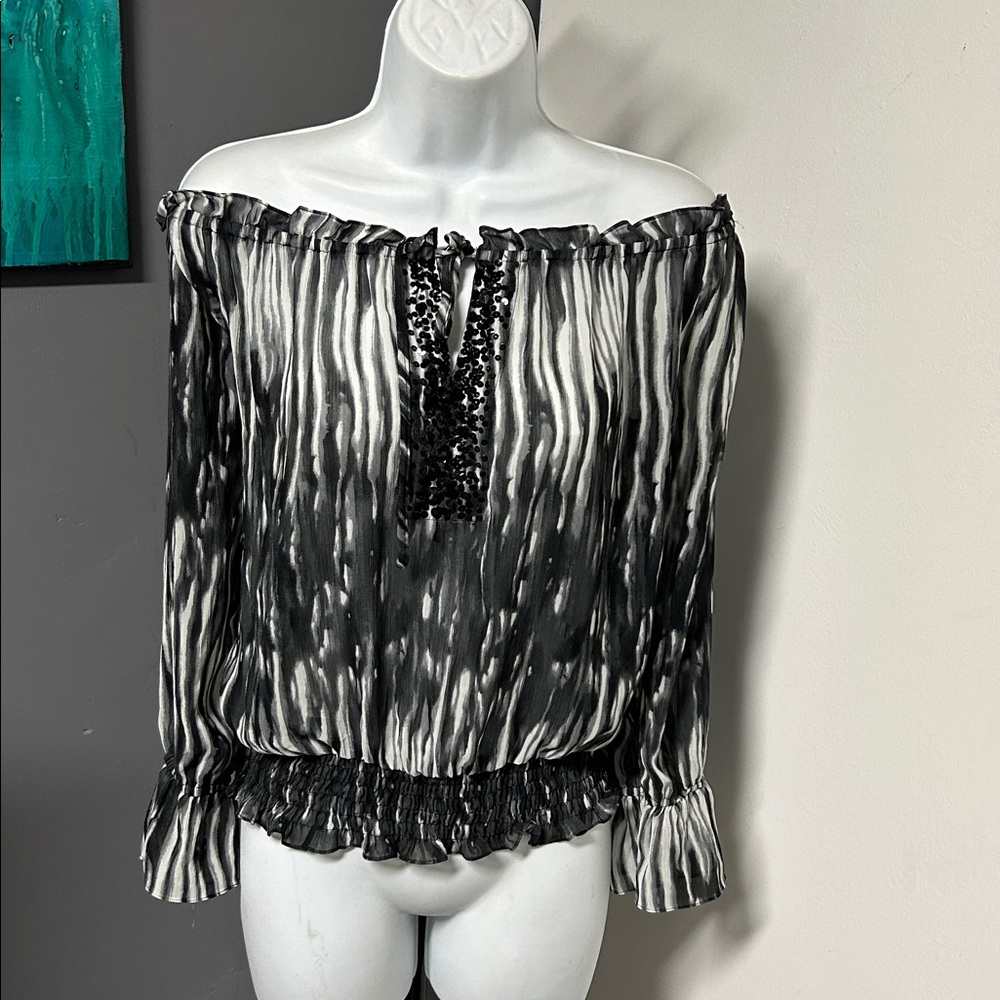 Allison Taylor‎ Women's Small Sequin Sheer Top Smocked Peasant Keyhole Tie Neck